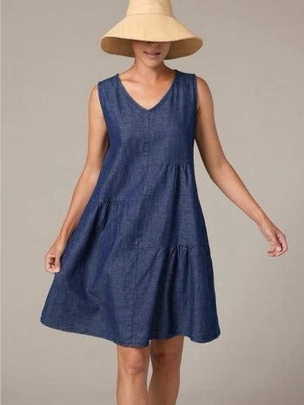 Cut loose Sleeveless V-Neck Linen Swing Dress Navy Blue